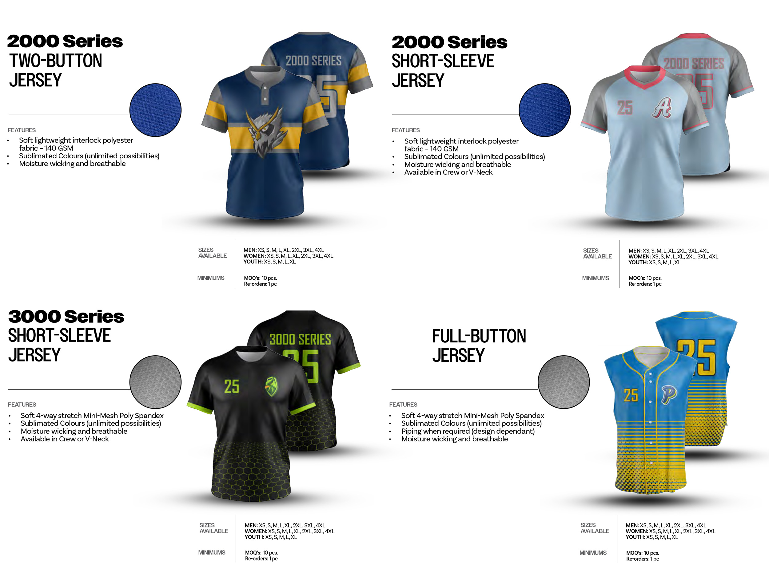 Softball Apparel - Two-Button Jersey, Short-Sleeve Jersey, Full-Button Jersey - Crew or V-Neck