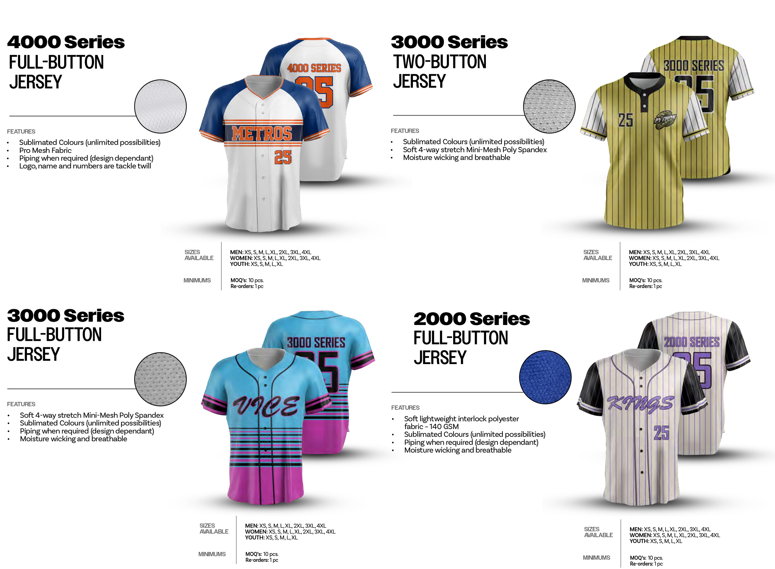 Softball Apparel - Two-Button Jersey, Short-Sleeve Jersey, Full-Button Jersey - Crew or V-Neck