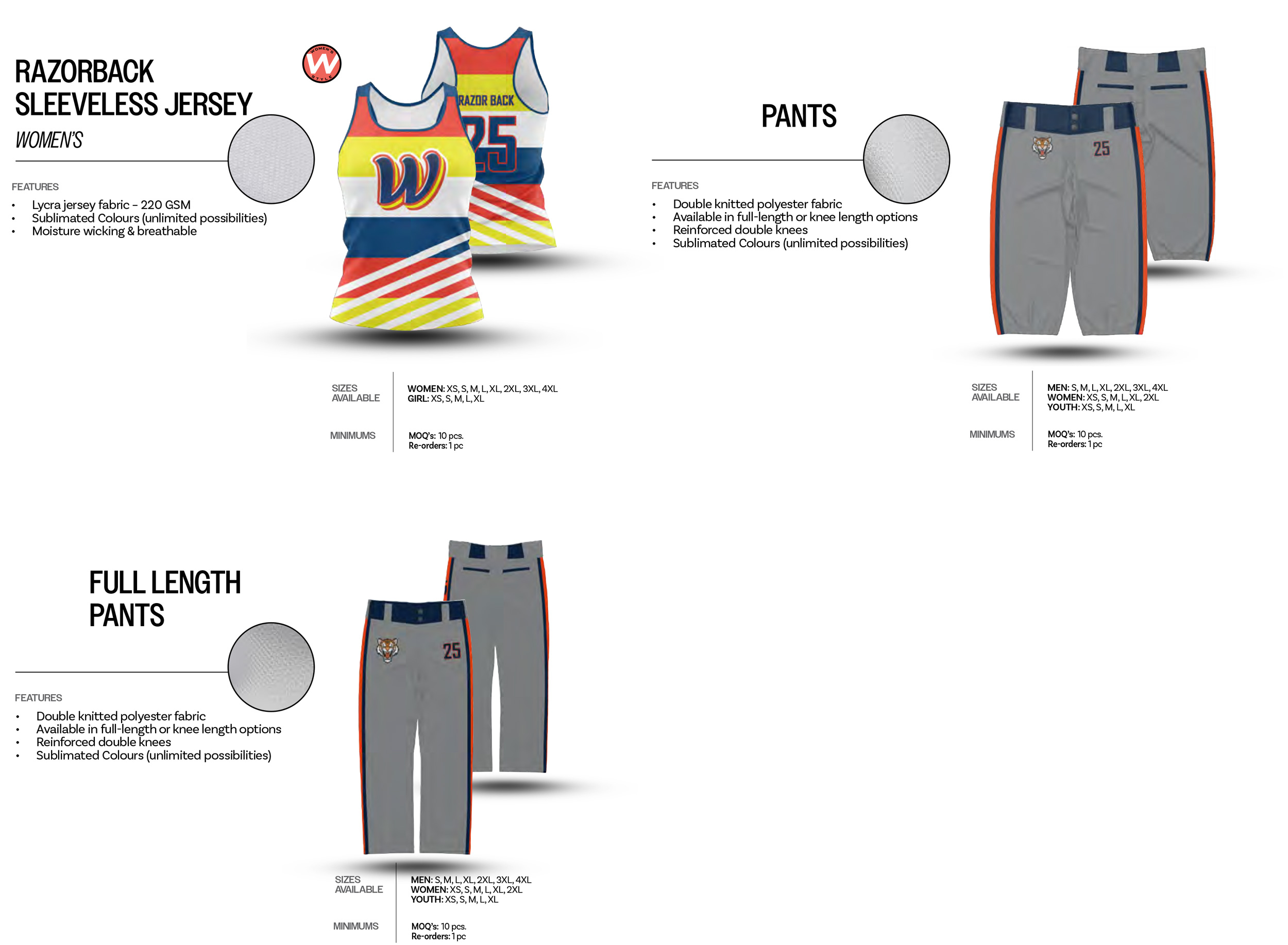 Softball Sleeveless Jersey (Women's Style), Full-Length and Knee-Length Pants