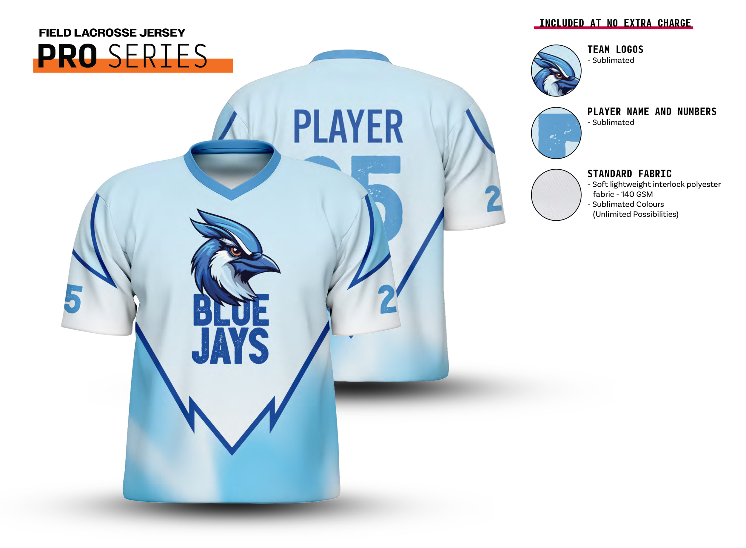 Custom Field Lacrosse Jersey - Unlimited sublimated colors - Team logos, player names and numbers included at no extra charge