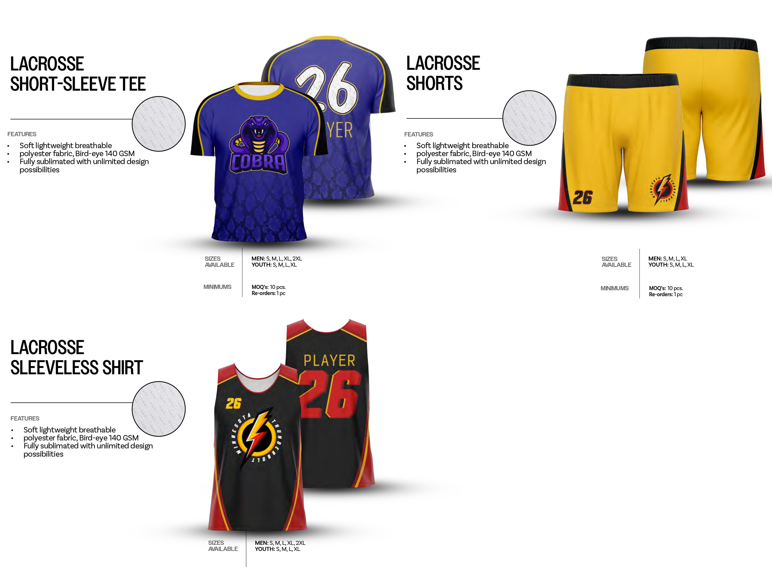 Short-sleeve Lacrosse Jersey Tee - Sleeveless Lacrosse Jersey - Custom Lacrosse Pants - Fully Sublimated with unlimited design possibilities