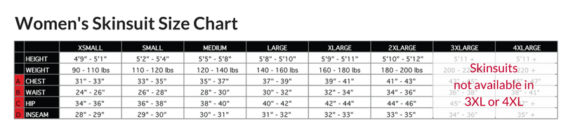 Podiumwear Women's Long Sleeve Skinsuit with Dump Pockets Size Chart