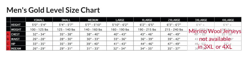 Podiumwear Men's Gold Merino Wool Long Sleeve Jersey Size Chart