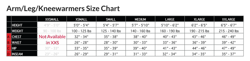 Podiumwear Kneewarmers Size Chart