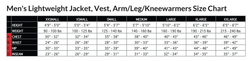 Podiumwear Men's Mid-Weight Cycling Jacket Size Chart