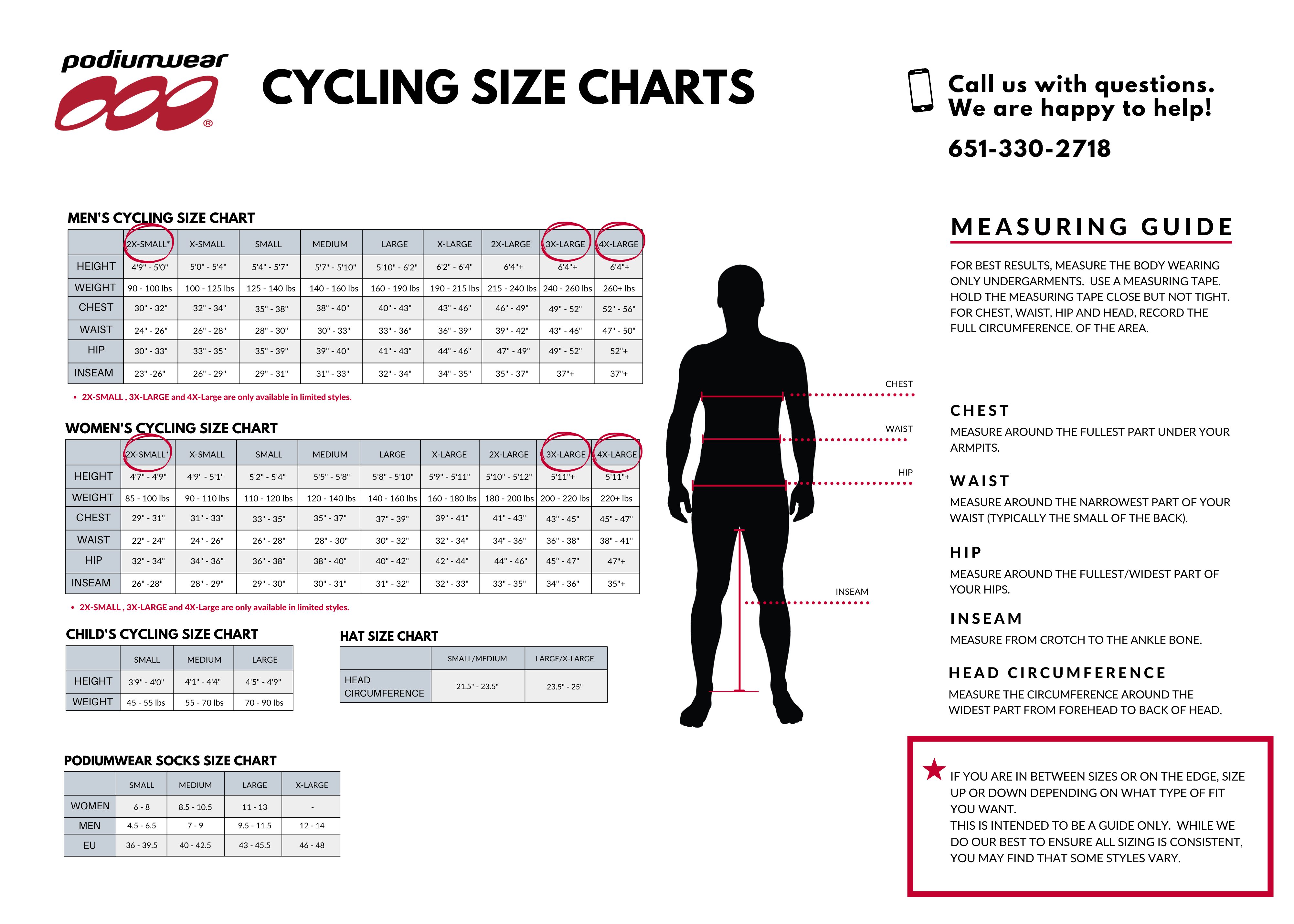 Podiumwear Custom Cycling Apparel Size Chart